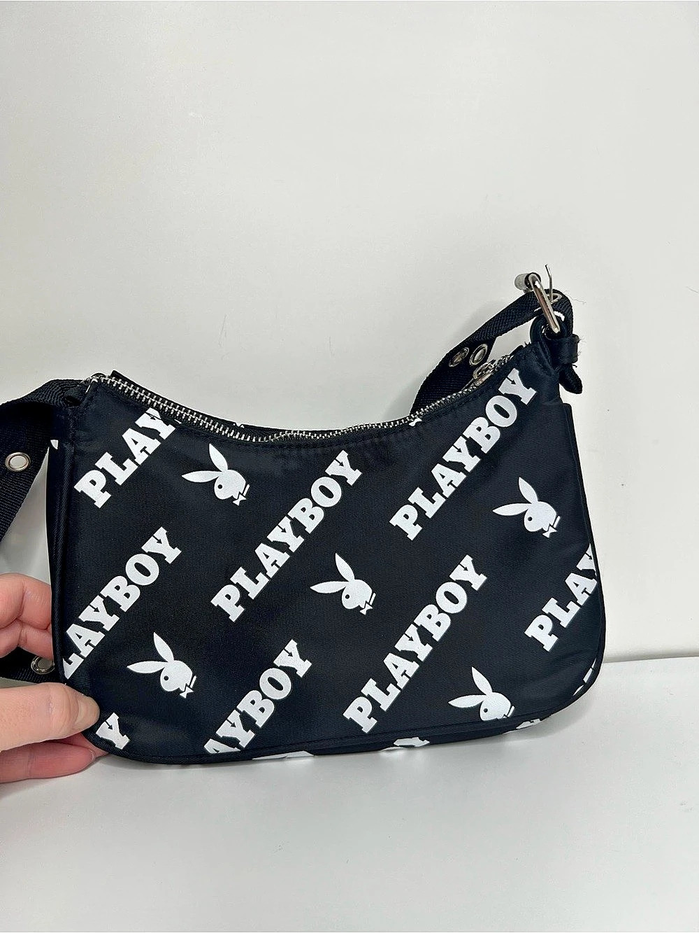Playboy Y2K Bunny Logo Black Shoulder Bag Grommet Strap Mini Purse